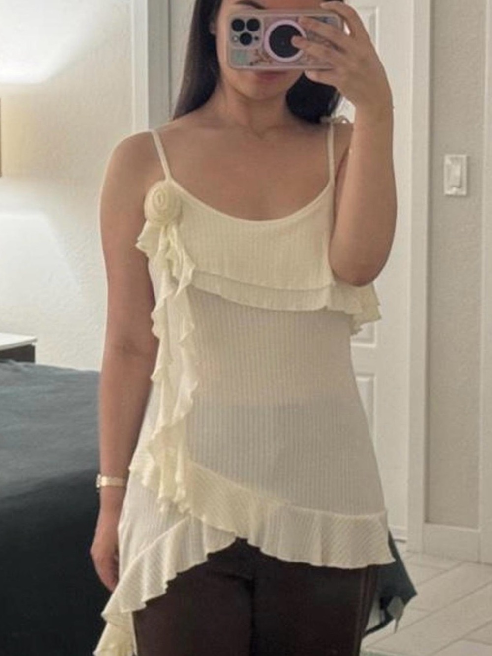 Asymmetric Ruffle One-Shoulder Ivory Tank Top